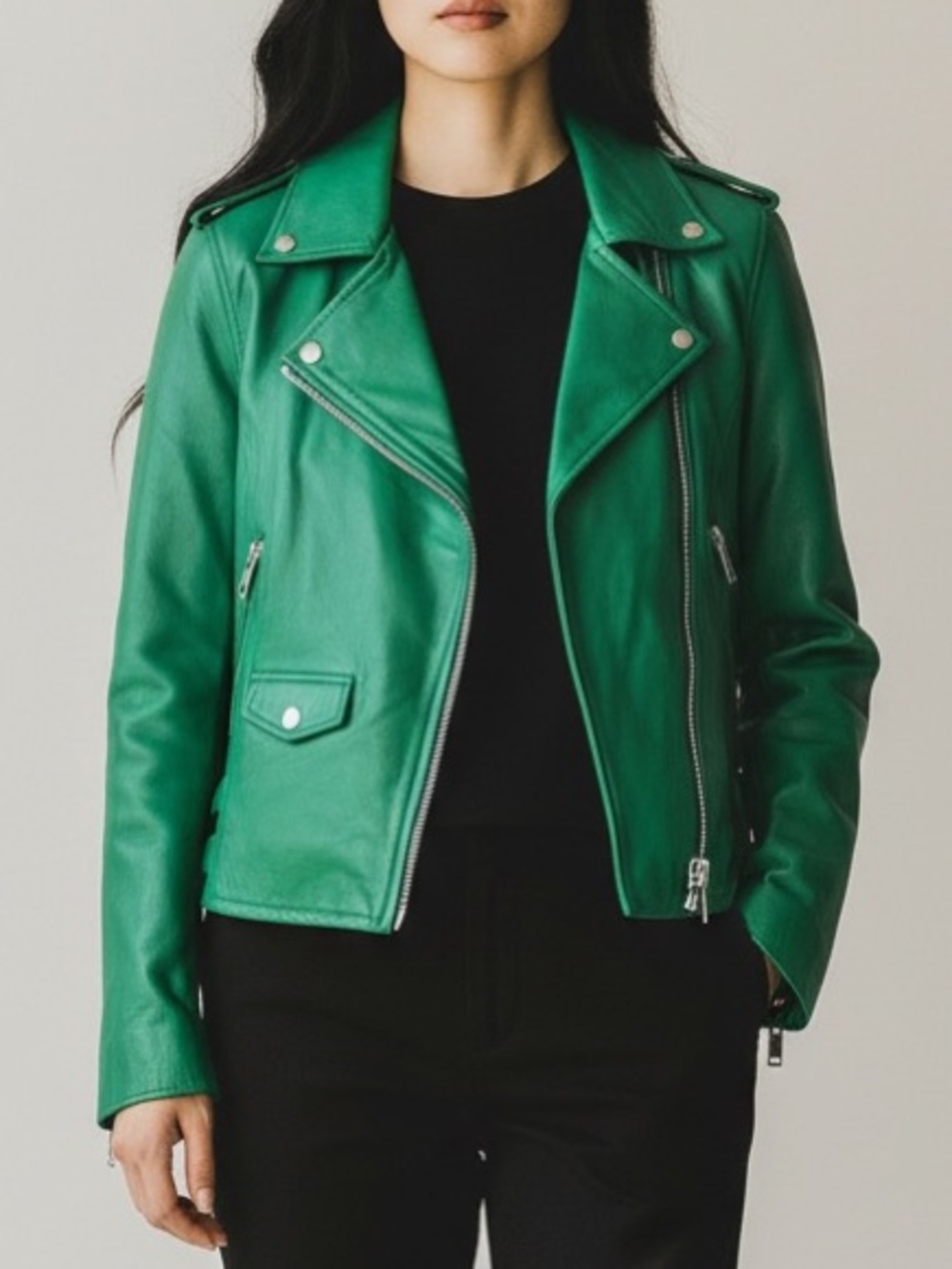 WALTER BAKER Liz 100% Lamb Leather Crop Moto Jacket In Clover Green Size Large